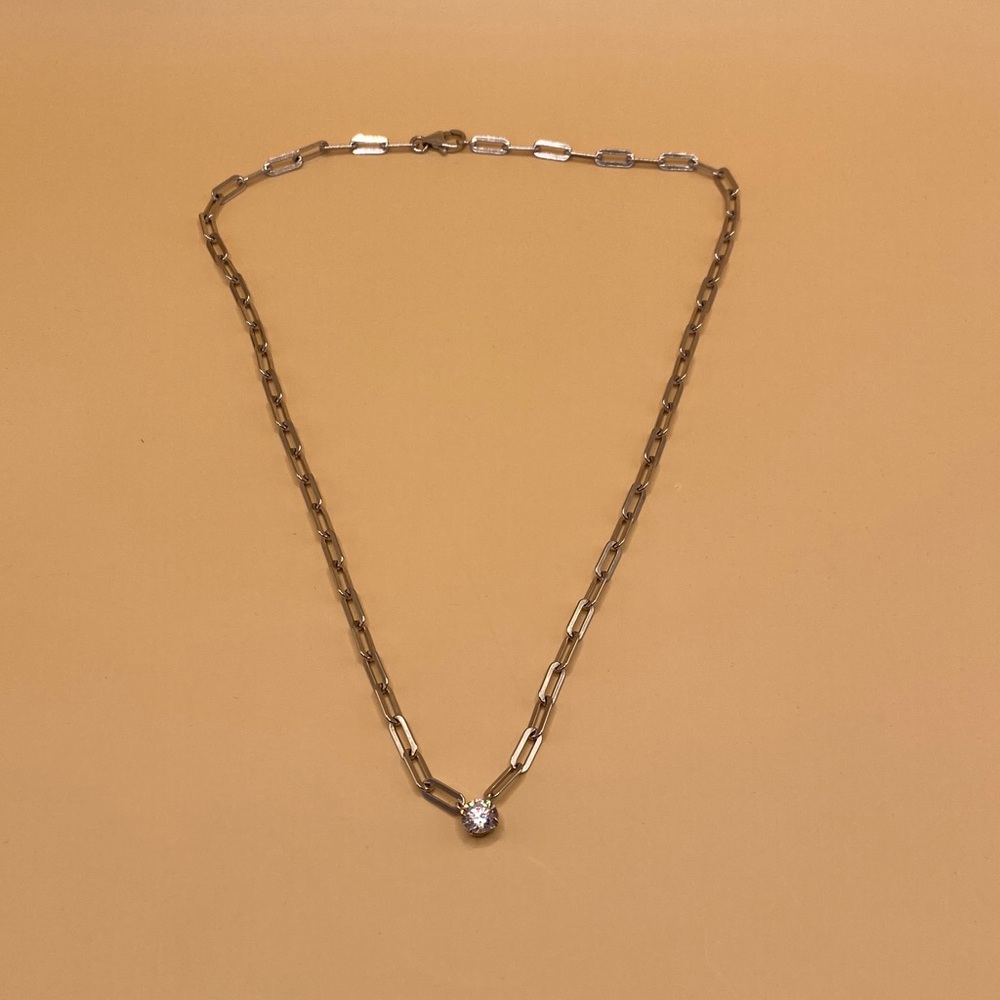 Elegant paper clip style Sterling Silver Chain Necklace with Cz stone.JCM CZ